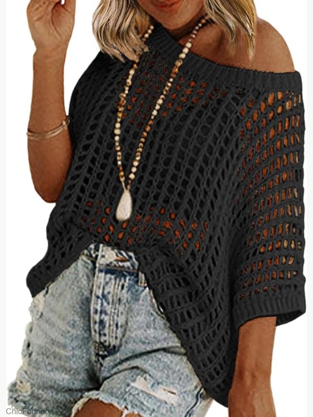 Short Sleeve Crochet Sweater Loose Hollow Out Pullover Summer Top